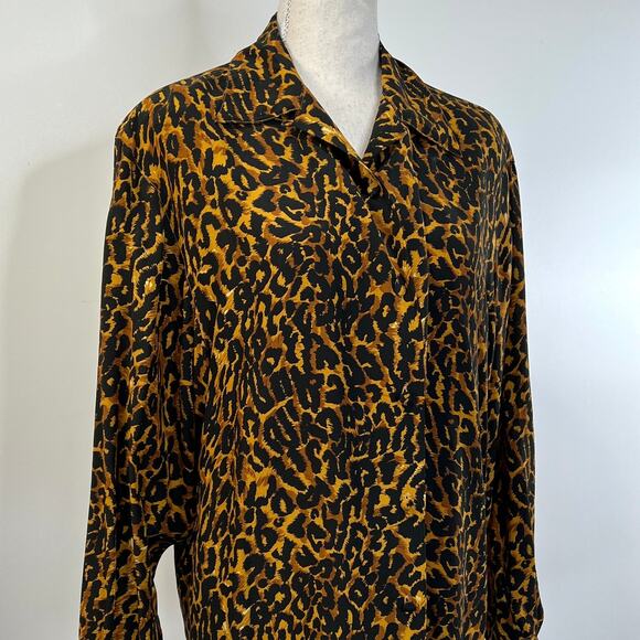Vintage Silk Leopaed Print Button Down Shirt Long Sleeves Blouse - Picture 5 of 9